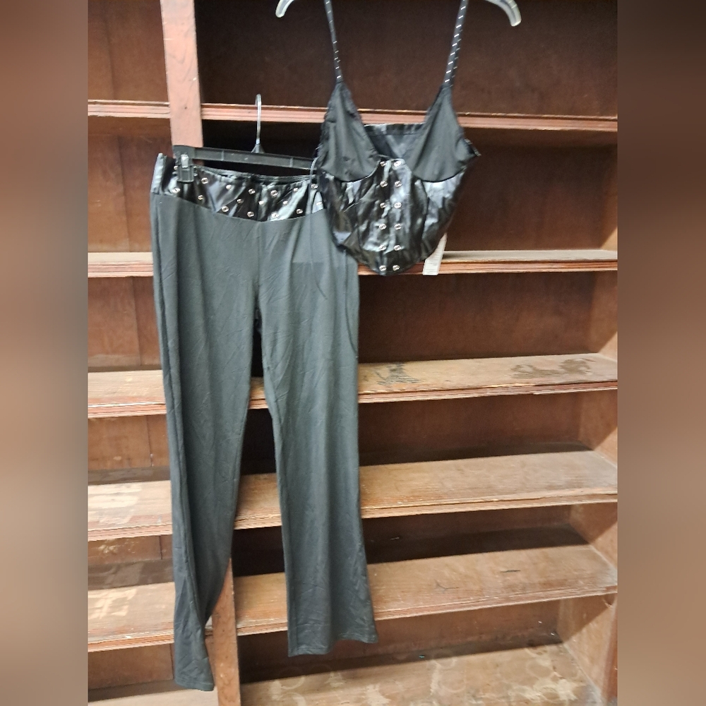 Black Satin Corset Top and Pants Set